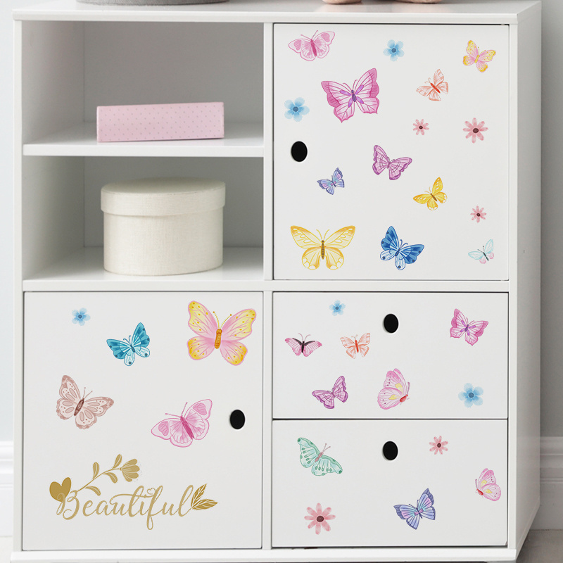 Beautiful colorful butterflies and flowers Shopping mall Clothes shop living room bedroom wall background beautification sticker