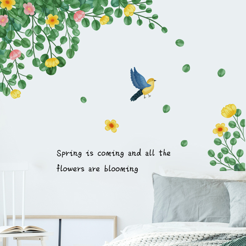 symbolize spring green leafy birds and blooming flowers  stickers in the living room home bedroom background and wall decals