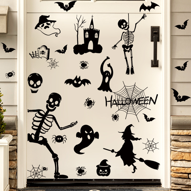 Halloween Terrifying Atmosphere Decoration Black Spider Ghost  Witch Decoration Wall Sticker Glass Sticker