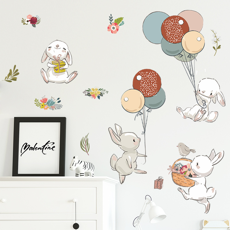 Cartoon rabbit and colorful balloon flowers wall sticker Baby's Room Cartoon decal Kindergarten Nursery Home decor