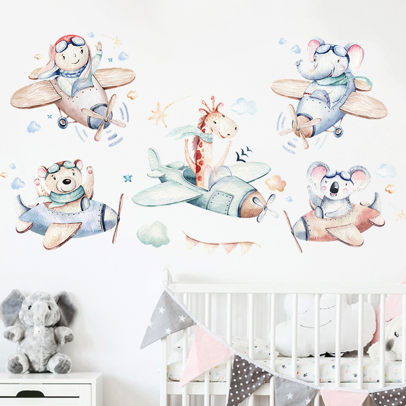 Animal Wall Decals for Flying Airplanes Murals Elephant Giraffe Wall Stickers Baby Nursery Kids Bedroom Playroom Wall Decor