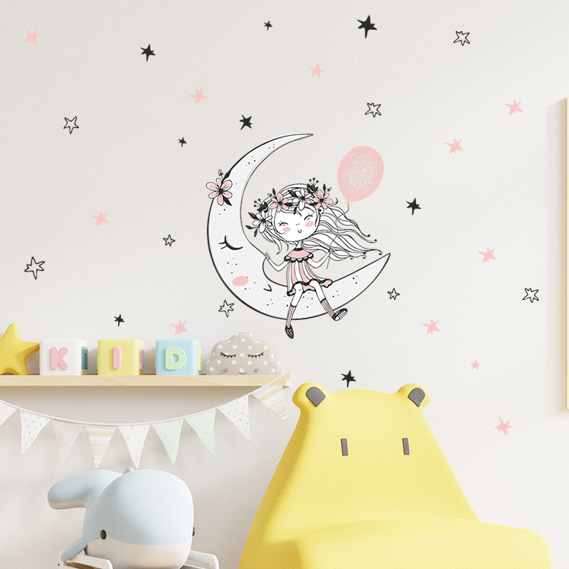 Cartoon Star Moon Balloon Flower Girl Living room bedroom children's room little girl's bedroom wall decoration sticker