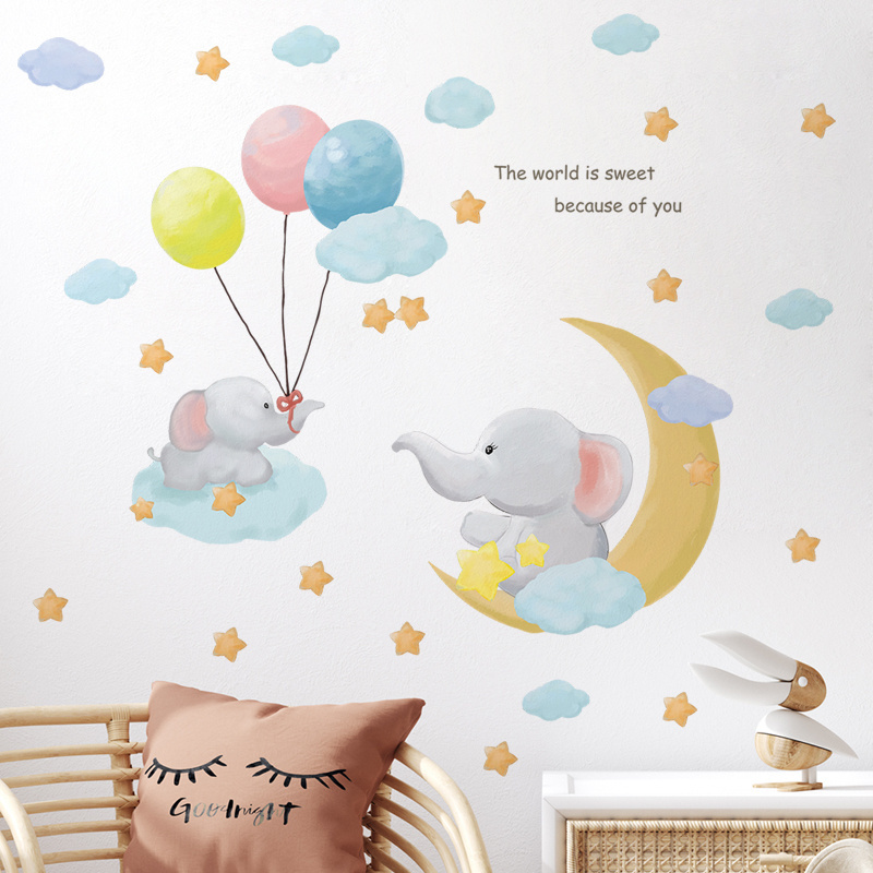 Cartoon Moon Star Balloon Elephant Children's room home bedroom children's cartoon wall background beautification stickers