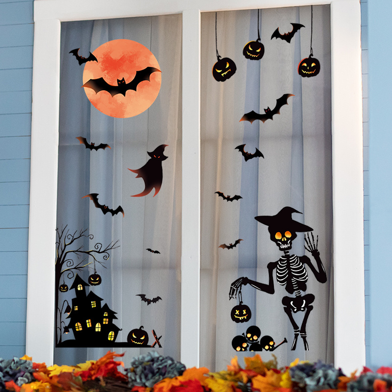 Halloween Wall Sticker Red Moon Bat Skeleton Man Glass Door and Window Decoration Cinema Mall Background