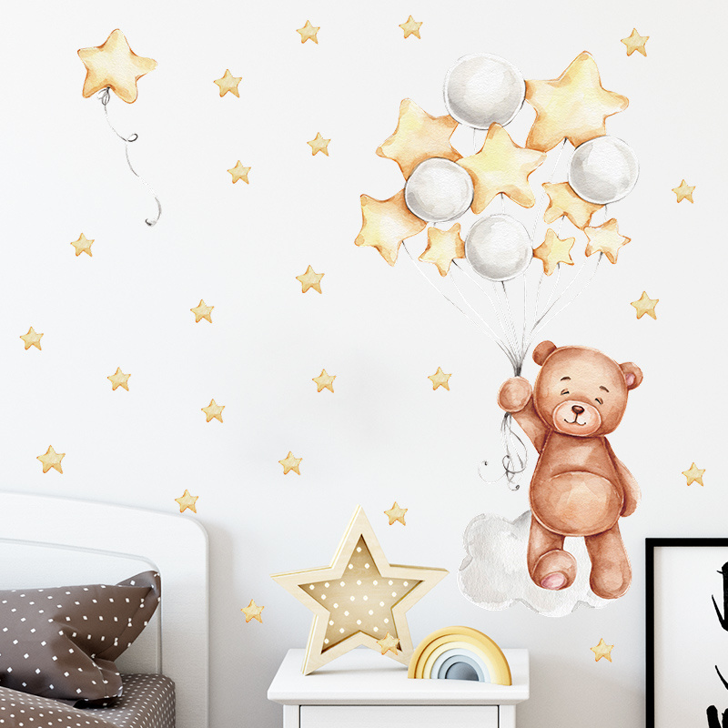 Nursery baby room wall wardrobe decoration removable 3D wall stickers cute brown bear holding star balloon wall stickers