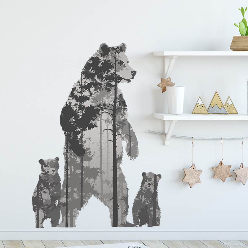 Large size animal wall stickers Forest grizzly bear and baby bear wall decal  Baby's room Kindergarten nursery wall decor