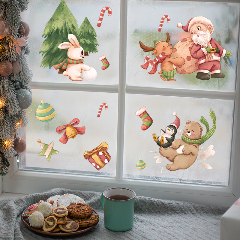 Cartoon Santa Claus Cute Little Bear Rabbit Glass Door Sticker Christmas Decorative Wall Decal