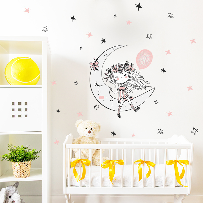 Cartoon Star Moon Balloon Flower Girl Living room bedroom children's room little girl's bedroom wall decoration sticker