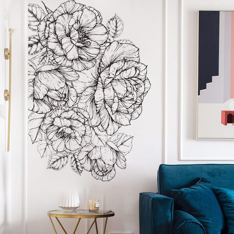 Black sketch large size peony wall stickers Simple literary style wall decoration for living room office dormitory coffee shop