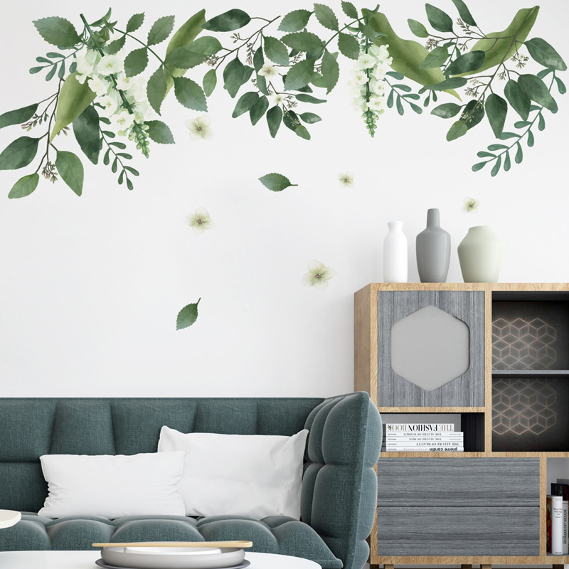 Wall stickers of plants and flowers Kid's Room Bedroom Living Room decoration green leaves and white flowers Murals