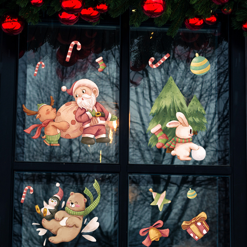 Cartoon Santa Claus Cute Little Bear Rabbit Glass Door Sticker Christmas Decorative Wall Decal