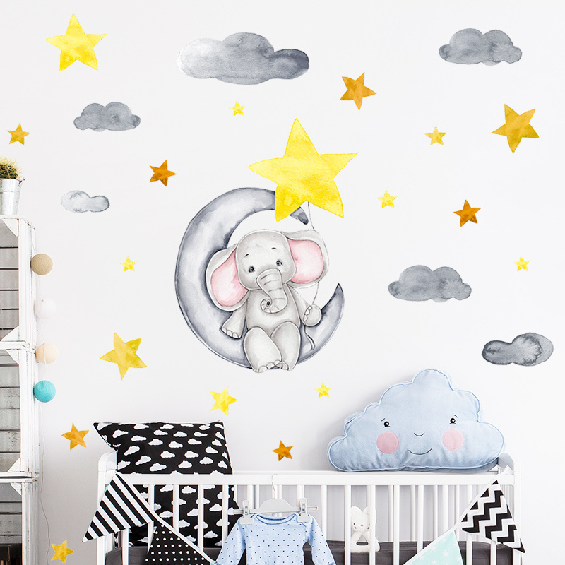 Elephant Sitting on the Moon Cartoon Wall stickers Star Cloud decal  Baby's Room Cartoon decal Kindergarten Nursery Home decor