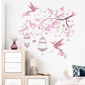 Pink butterfly branches and bird cage wall stickers Peacocks Phoenix wall decoration Bedroom coffee shop mall home decal