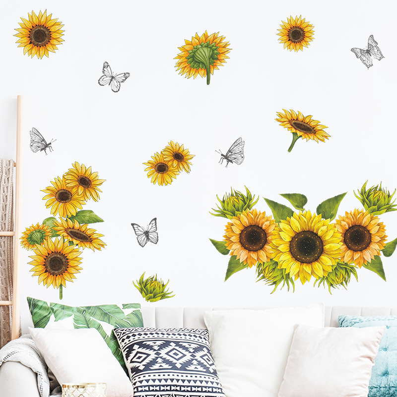 Sunflower Wall Stickers Yellow Flowers and Butterfly Wall Decal Garden Flower Wall Stickers Bedroom Living Room TV Decoration