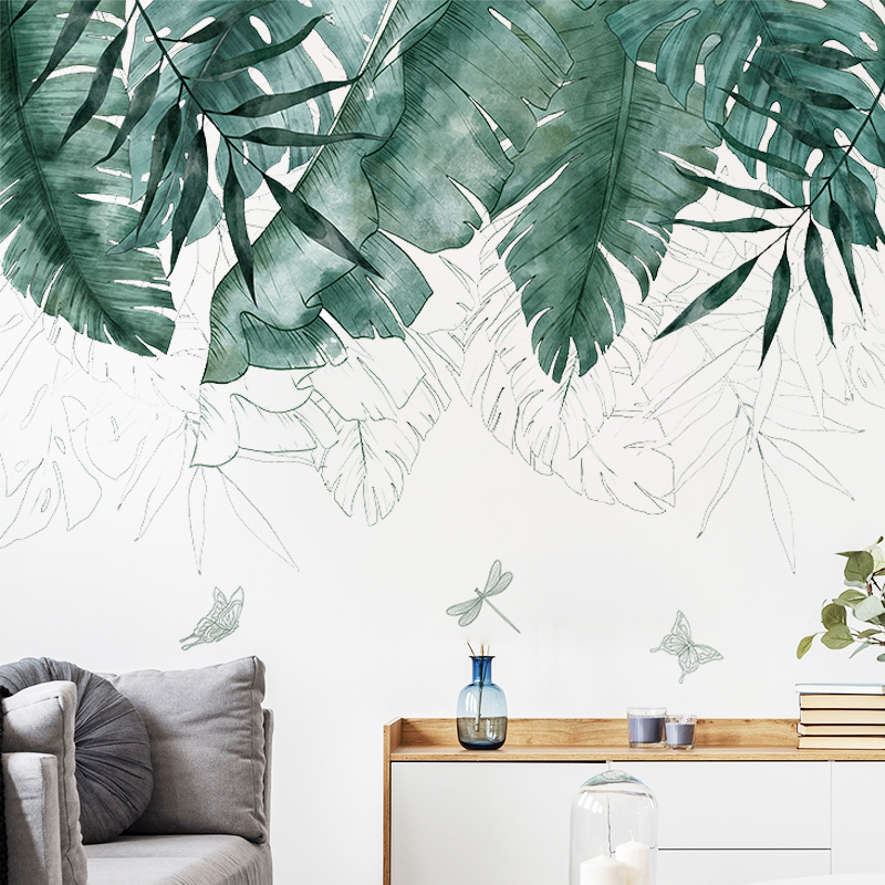 Tropical green plant leaves living room background wall decoration wallpaper room renovation self adhesive wallpaper