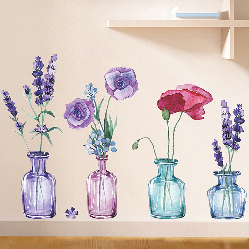 Glass vase and flowers wall sticker Lavender peony wall decal Garden Flower Wall Stickers Bedroom Living Room TV Decoration