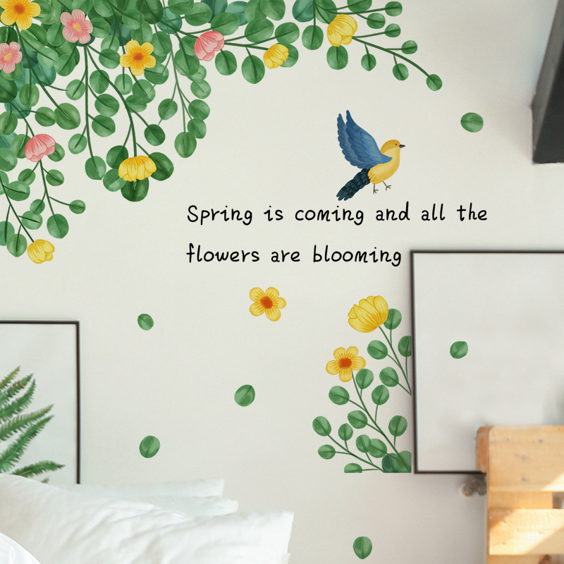 symbolize spring green leafy birds and blooming flowers  stickers in the living room home bedroom background and wall decals