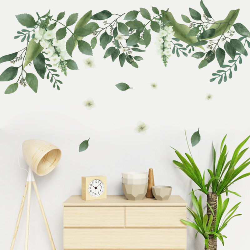 Wall stickers of plants and flowers Kid's Room Bedroom Living Room decoration green leaves and white flowers Murals