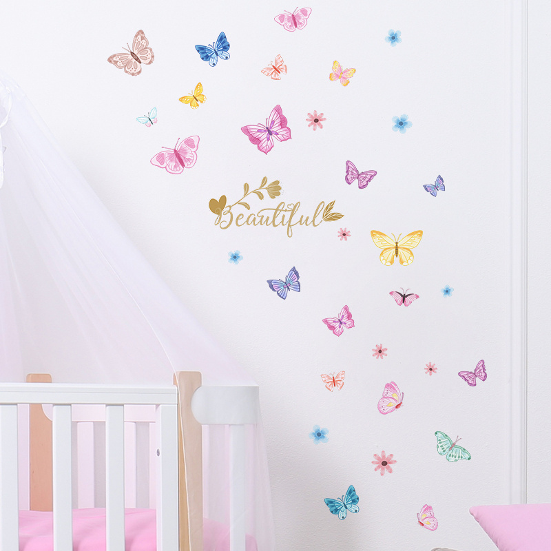 Beautiful colorful butterflies and flowers Shopping mall Clothes shop living room bedroom wall background beautification sticker