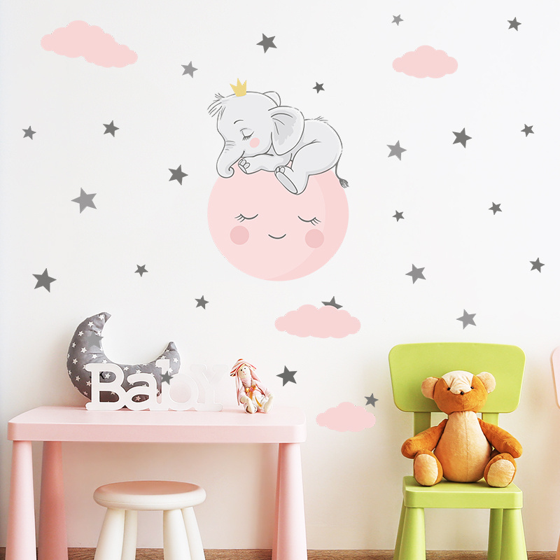 Pink Moon Clouds and Star Wall Stickers Cartoon Animal Elephant Decorations Children's Room Nursery Decals