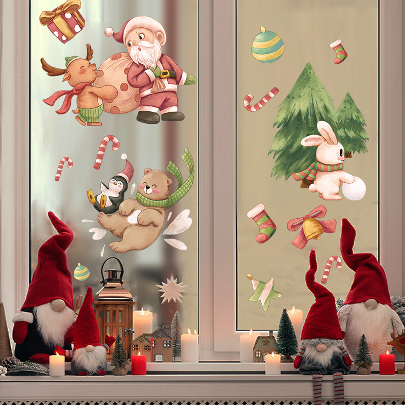 Cartoon Santa Claus Cute Little Bear Rabbit Glass Door Sticker Christmas Decorative Wall Decal