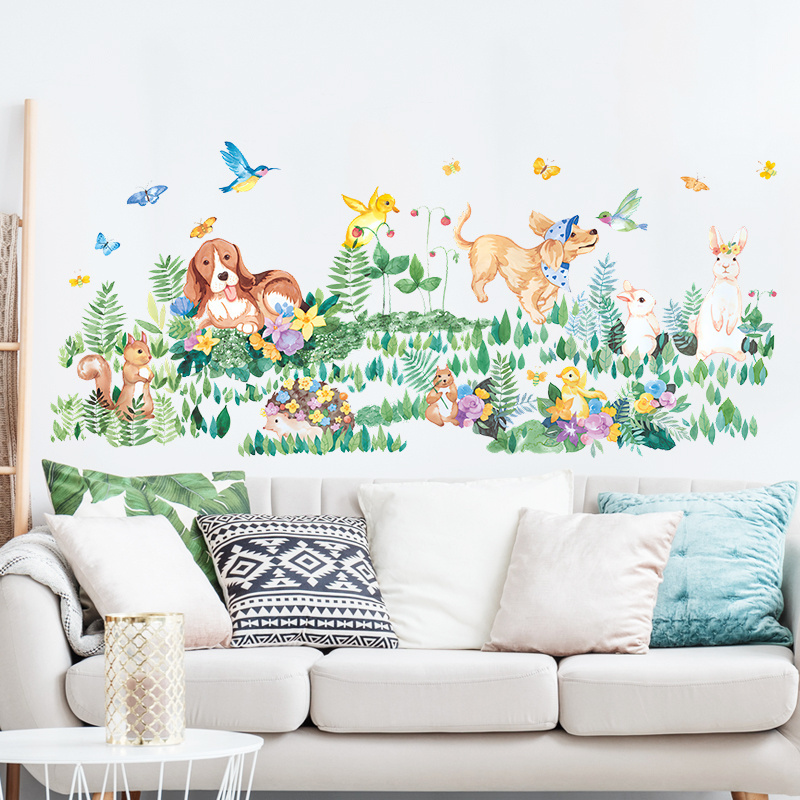 Wall stickers of grass and flying birds Baby's room Kindergarten nursery Playroom Decor Dog, Rabbit,Squirrel and Hedgehog Decal