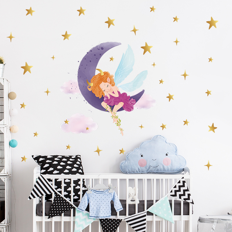 Cartoon Purple Moon Elf Star Living room bedroom home wall background beautification wall stickers