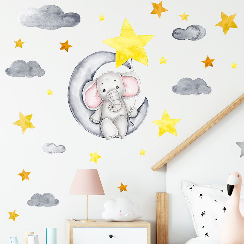 Elephant Sitting on the Moon Cartoon Wall stickers Star Cloud decal  Baby's Room Cartoon decal Kindergarten Nursery Home decor