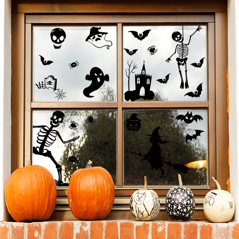 Halloween Terrifying Atmosphere Decoration Black Spider Ghost  Witch Decoration Wall Sticker Glass Sticker