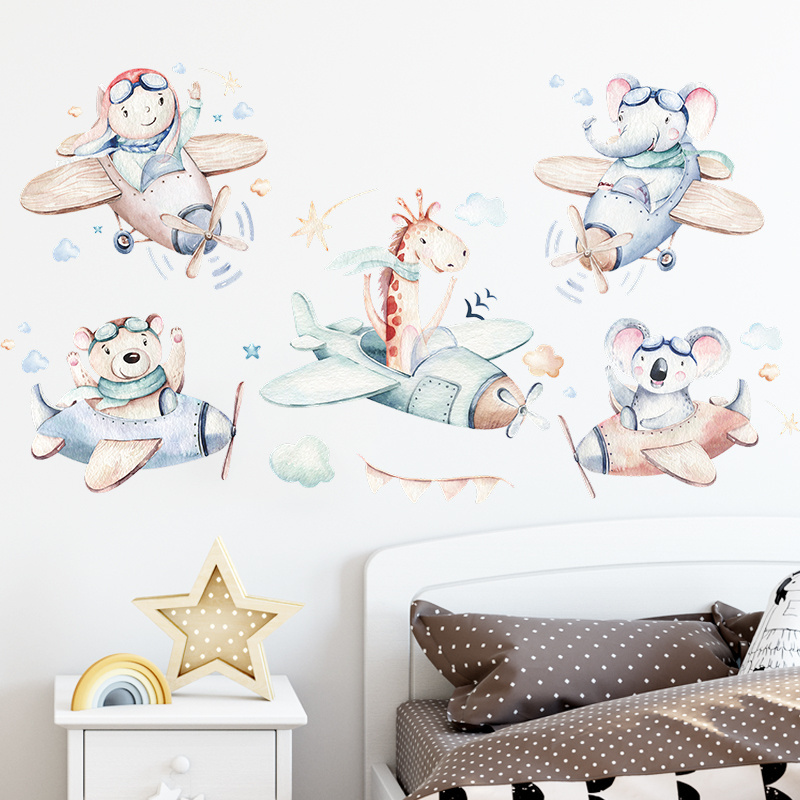 Animal Wall Decals for Flying Airplanes Murals Elephant Giraffe Wall Stickers Baby Nursery Kids Bedroom Playroom Wall Decor