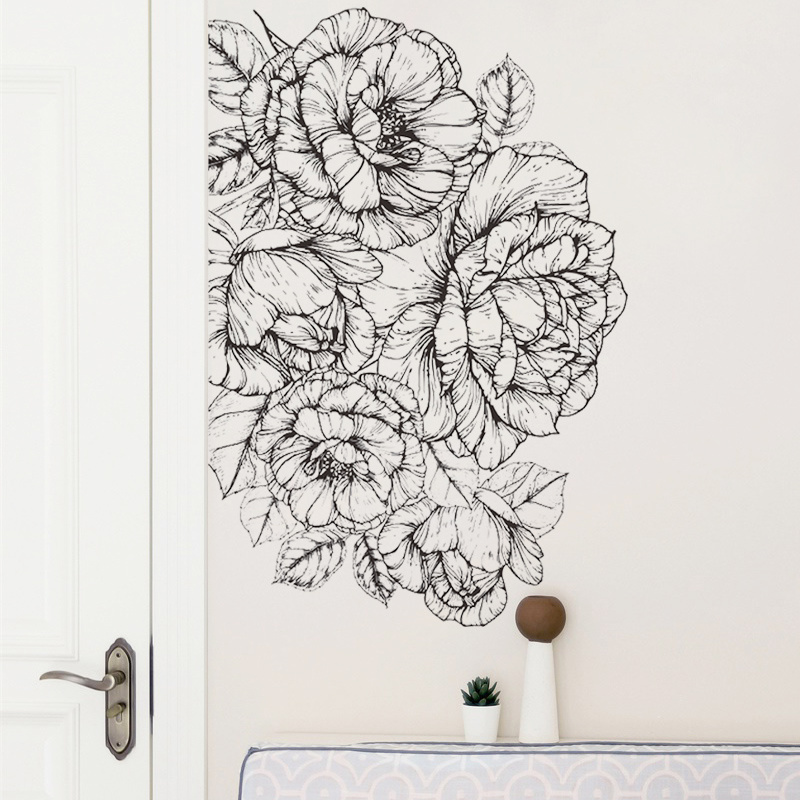 Black sketch large size peony wall stickers Simple literary style wall decoration for living room office dormitory coffee shop