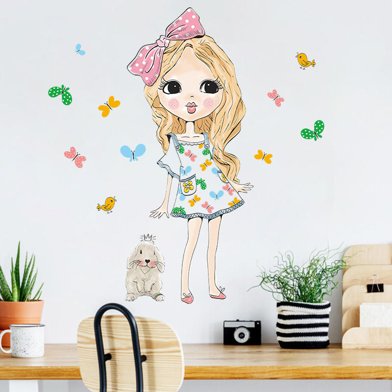 Cartoon hand painting wall stickers for Children's Room Nursery Bedroom home decoration Girl with Bowknot and Rabbit Wall Decal