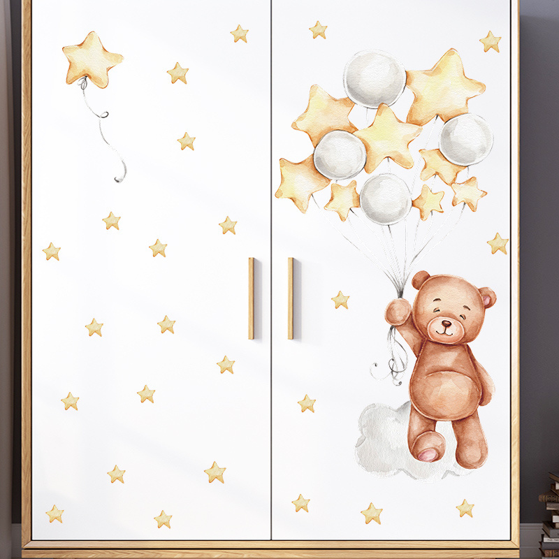 Nursery baby room wall wardrobe decoration removable 3D wall stickers cute brown bear holding star balloon wall stickers