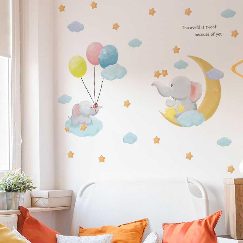 Cartoon Moon Star Balloon Elephant Children's room home bedroom children's cartoon wall background beautification stickers