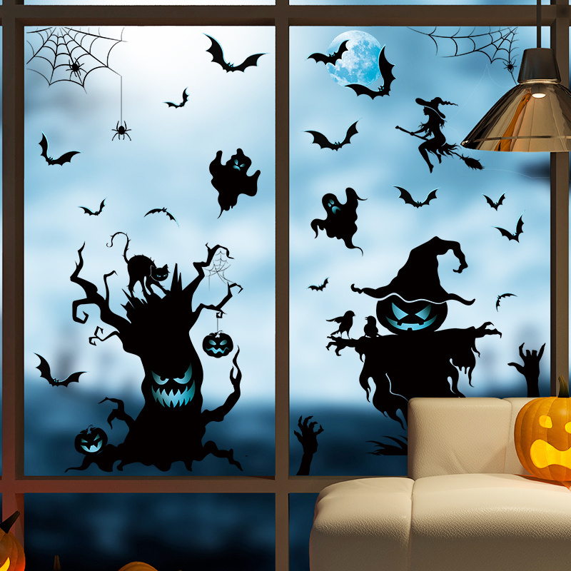 Halloween Scarecrow Bat Moon Wall Decal Glass Doors and Windows Horror Decoration Decal