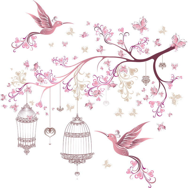 Pink butterfly branches and bird cage wall stickers Peacocks Phoenix wall decoration Bedroom coffee shop mall home decal