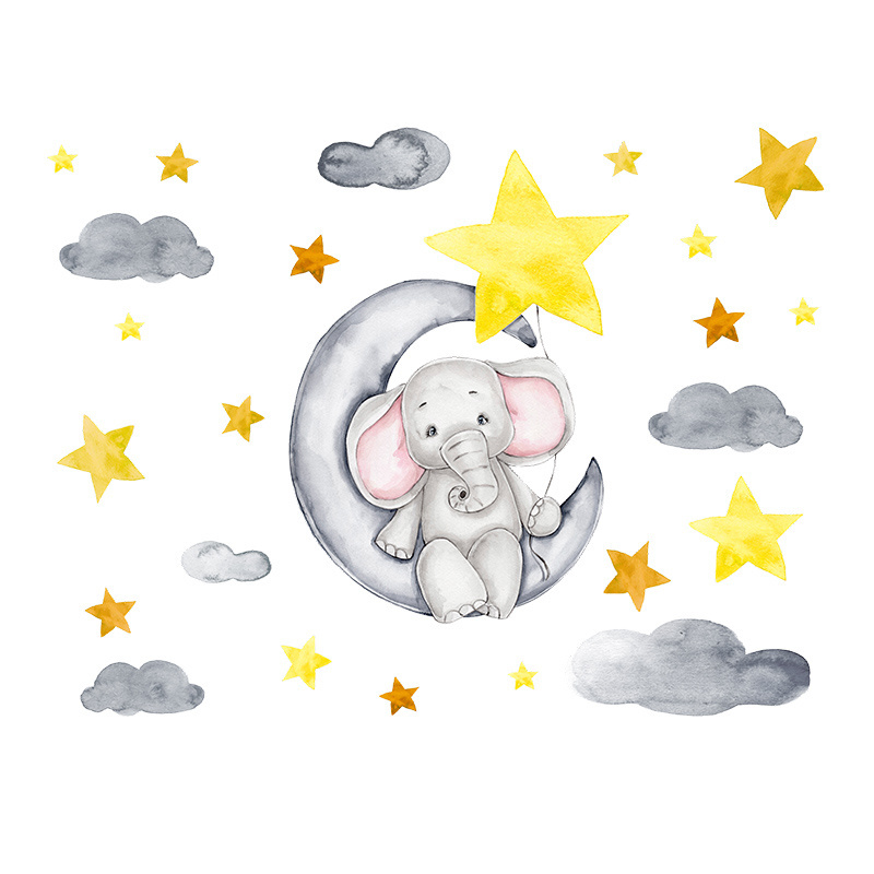 Elephant Sitting on the Moon Cartoon Wall stickers Star Cloud decal  Baby's Room Cartoon decal Kindergarten Nursery Home decor