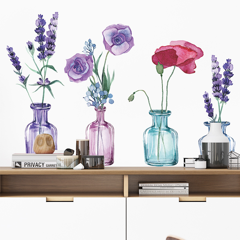 Glass vase and flowers wall sticker Lavender peony wall decal Garden Flower Wall Stickers Bedroom Living Room TV Decoration