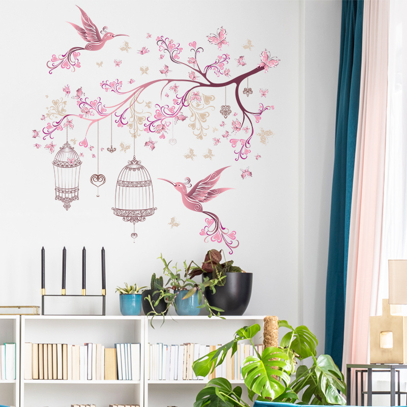 Pink butterfly branches and bird cage wall stickers Peacocks Phoenix wall decoration Bedroom coffee shop mall home decal