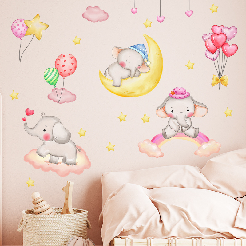 Cartoon Elephant Rainbow Cloud Moon Balloon Children Room Background Wall Decoration Wall Sticker