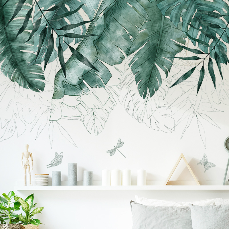 Tropical green plant leaves living room background wall decoration wallpaper room renovation self adhesive wallpaper