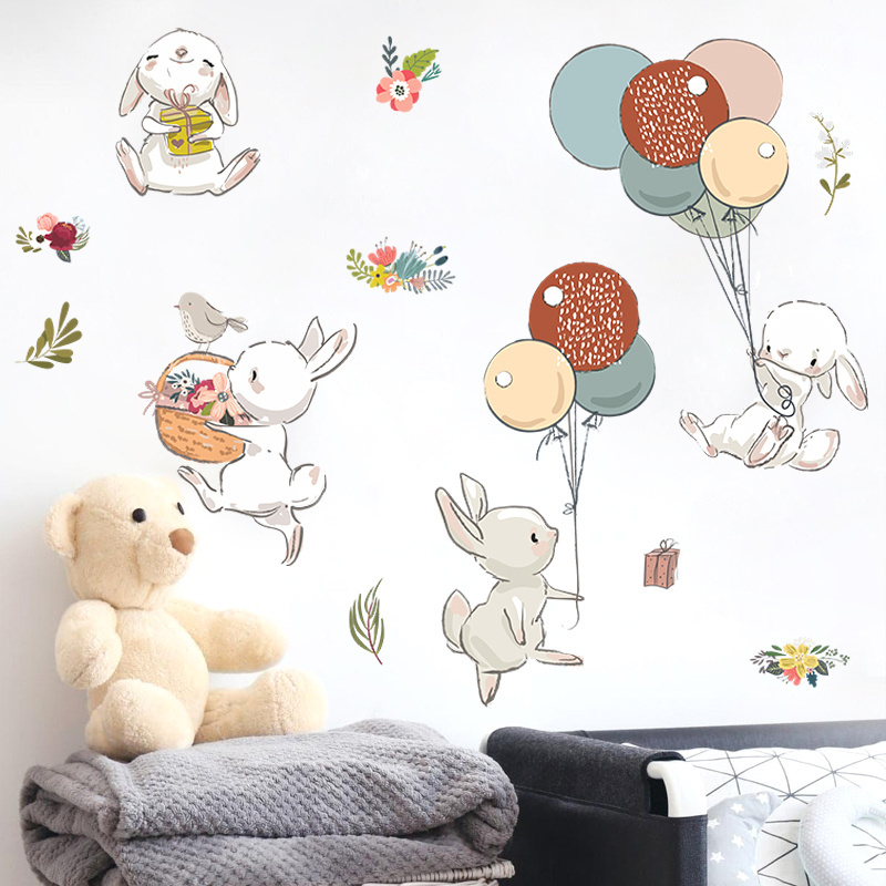 Cartoon rabbit and colorful balloon flowers wall sticker Baby's Room Cartoon decal Kindergarten Nursery Home decor