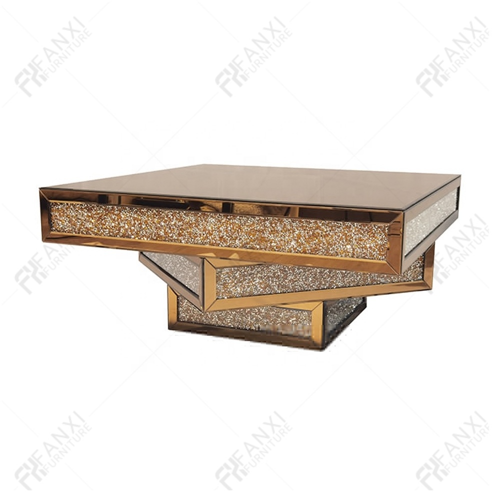 Fanxi Factory Supply Crushed Diamond Center Table Silver Glass Modern Mirror Diamond Coffee Table set For Living Room