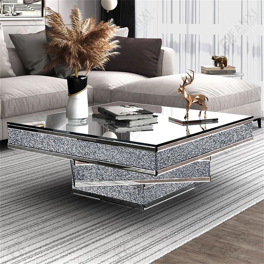 Fanxi Factory Supply Crushed Diamond Center Table Silver Glass Modern Mirror Diamond Coffee Table set For Living Room