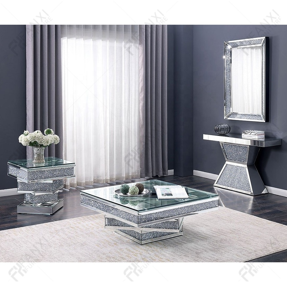 Fanxi Factory Supply Crushed Diamond Center Table Silver Glass Modern Mirror Diamond Coffee Table set For Living Room