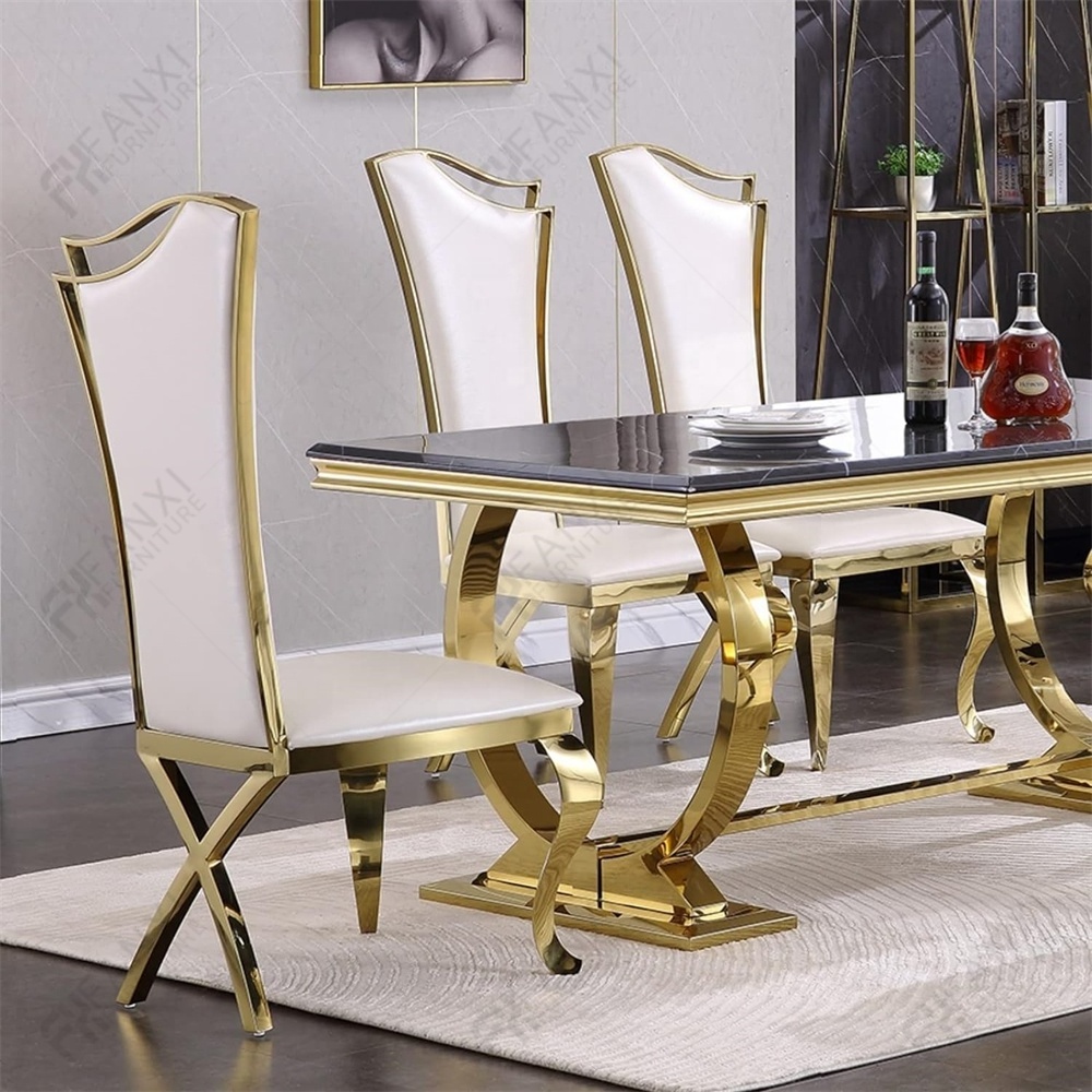 Luxury modern dining room furniture leather dining chairs sliver stainless steel weeding fabric party dining chairs