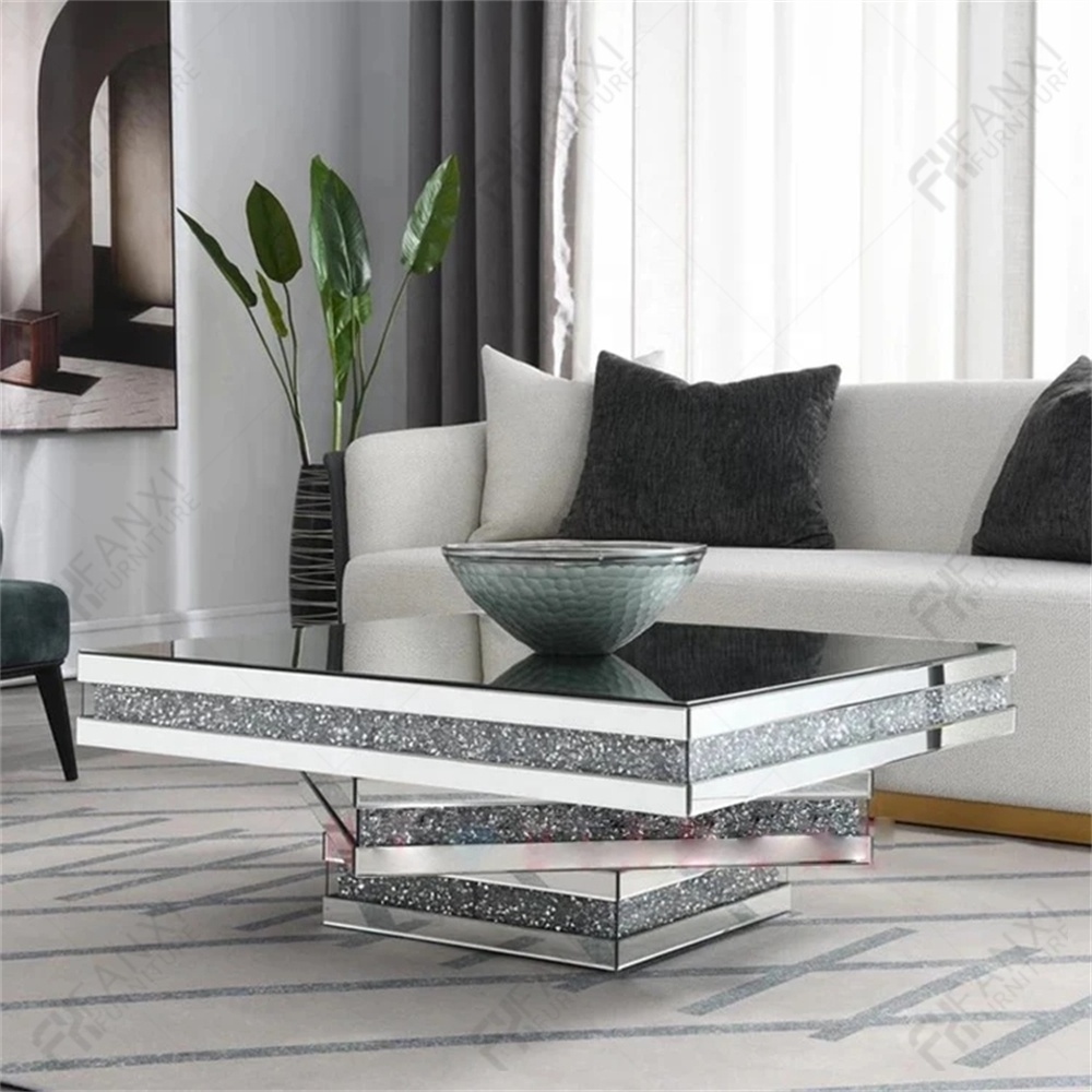 Fanxi Factory Supply Crushed Diamond Center Table Silver Glass Modern Mirror Diamond Coffee Table set For Living Room