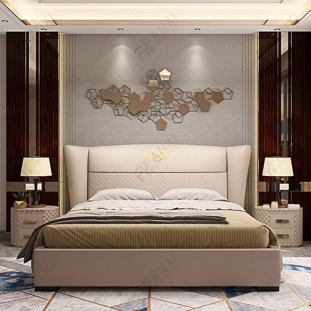 Wholesale bedroom furniture big size royal wood bed frame high quality metal modern bed set velvet leather luxury bed Y-X09