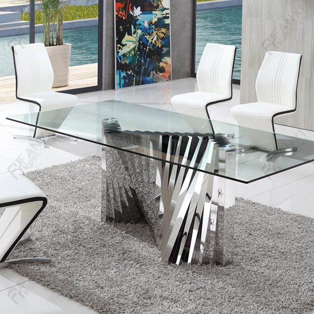 Fanxi factory restaurant furniture silver stainless steel table modern dining tables tempered glass dining table for events