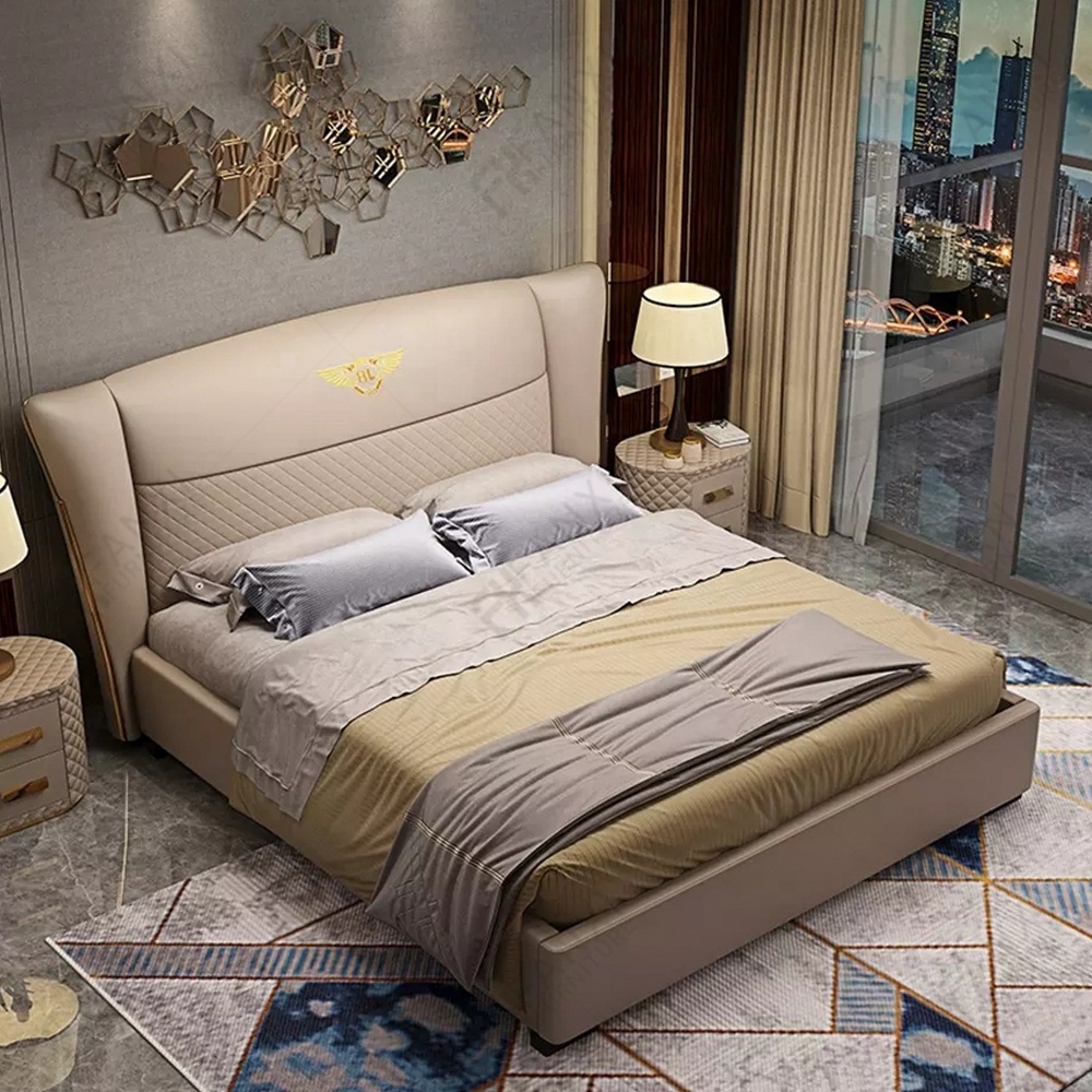 Wholesale bedroom furniture big size royal wood bed frame high quality metal modern bed set velvet leather luxury bed Y-X09